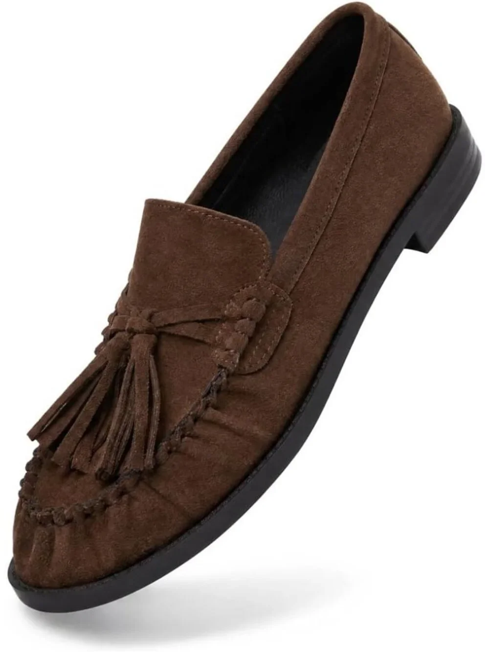 Women's Coffee Faux Suede Comfortable Tassel Slip On Flats Closed Toe Shoes